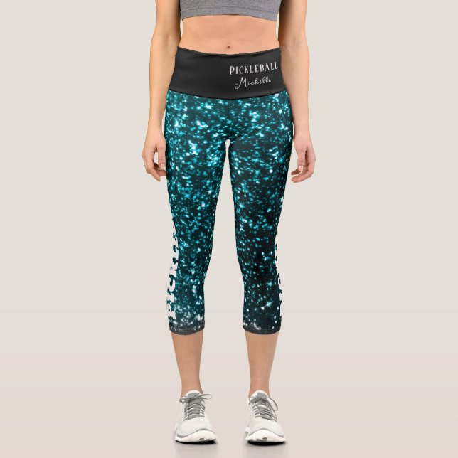 Pickleball Player Personalized Black blue glitter Capri Leggings (Front)