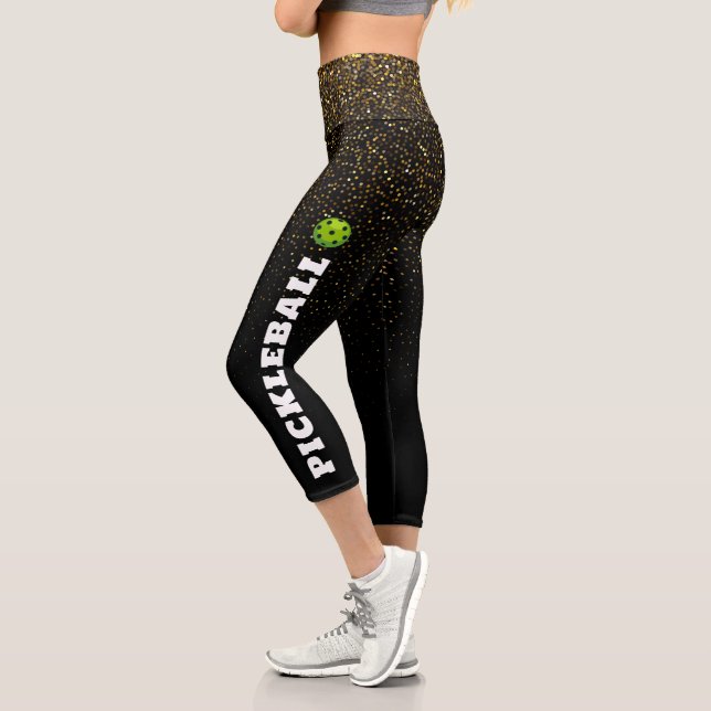 Pickleball Player Personalized Black Gold Glitter Capri Leggings (Left)