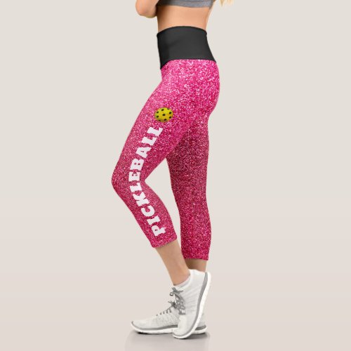 Pickleball Player Personalized Black Pink Glitter Capri Leggings