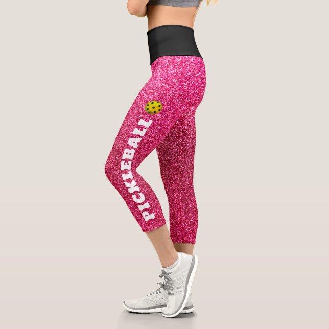 Pickleball Player Personalized Black Pink Glitter Capri Leggings (Left)