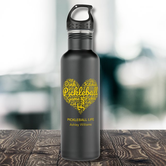 Pickleball Player Personalized Name Heart Design Stainless Steel Water Bottle (Add Text and Name to personalize.  Matching items available)
