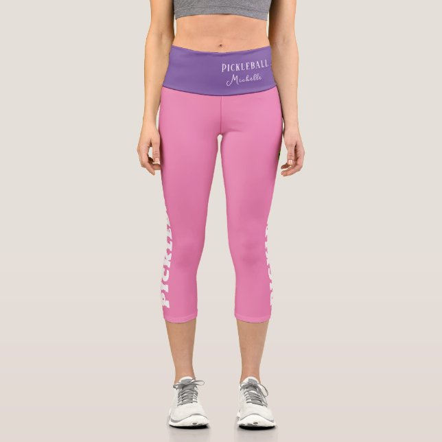 Pickleball Player Personalized Name Purple Pink Capri Leggings (Front)