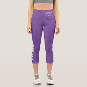 Pickleball Player Personalized Name Purple White Capri Leggings