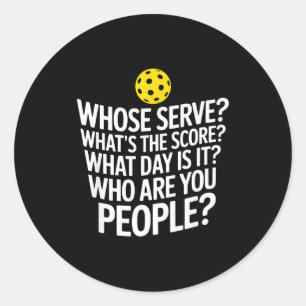 Pickleball player questions humor for senior classic round sticker