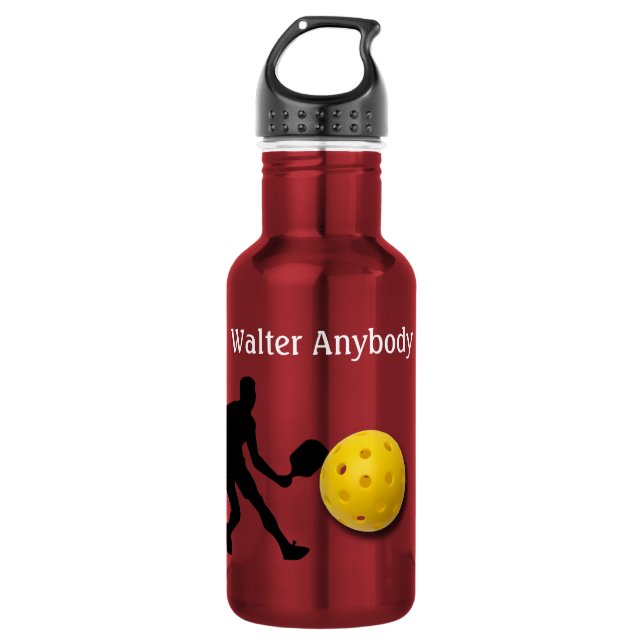 Pickleball player silhouette and Ball personalize Stainless Steel Water Bottle (Front)