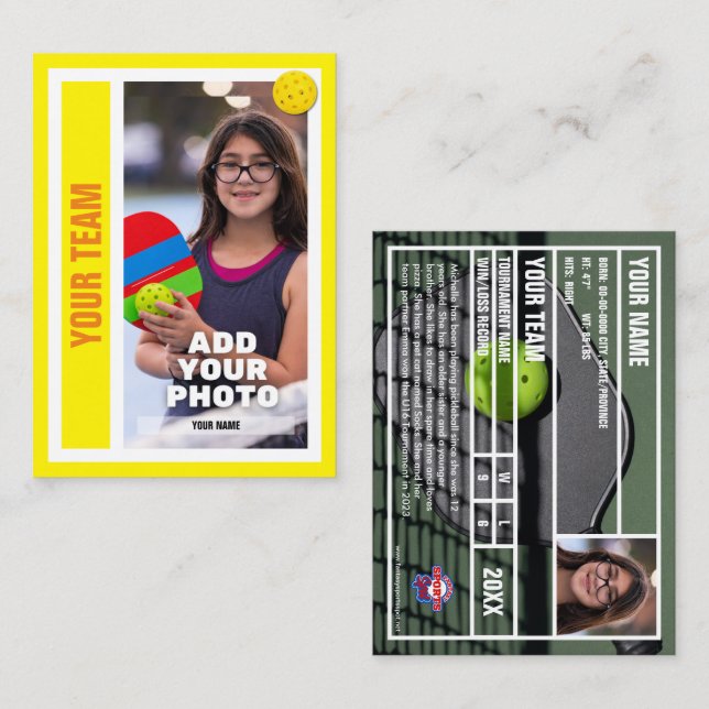 Pickleball Player Trading Card - Bright Yellow (Front/Back)