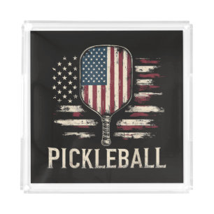Pickleball Player US Flag Retro Paddleball Acrylic Tray
