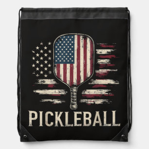 Pickleball Player US Flag Retro Paddleball Drawstring Bag