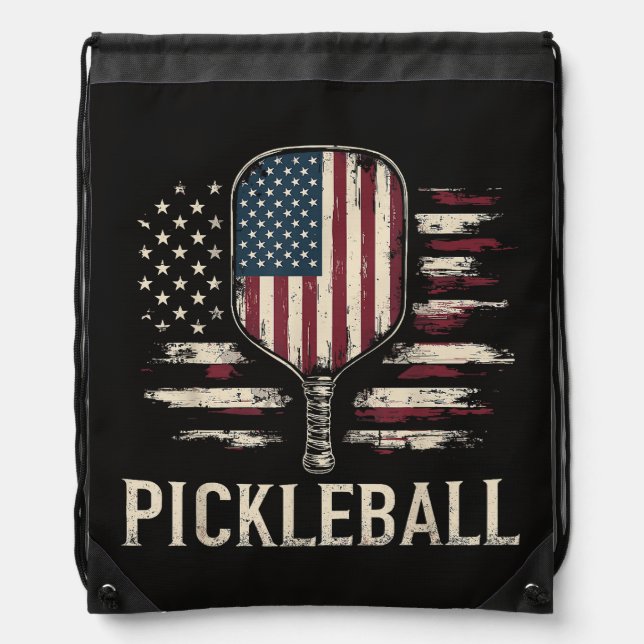 Pickleball Player US Flag Retro Paddleball Drawstring Bag (Front)