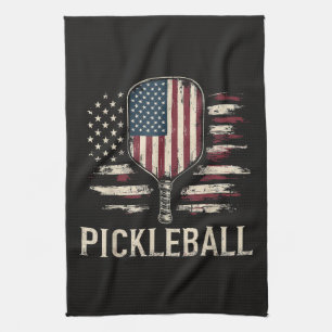 Pickleball Player US Flag Retro Paddleball Kitchen Towel