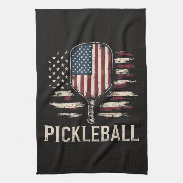 Pickleball Player US Flag Retro Paddleball Kitchen Towel (Vertical)