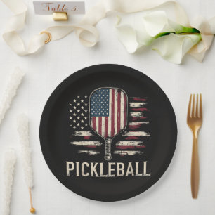 Pickleball Player US Flag Retro Paddleball Paper Plates