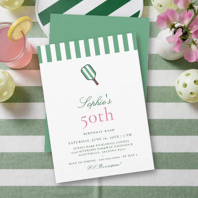 Pickleball Preppy Stripes Elegant 50th Birthday Invitation | Zazzle