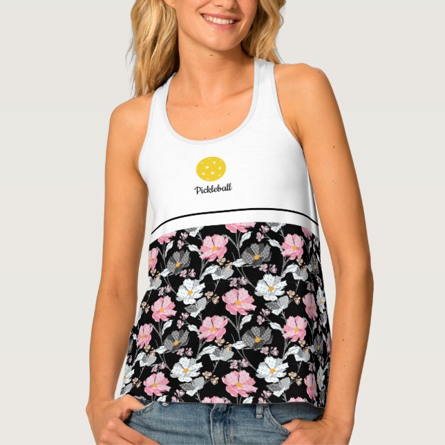 PIckleball Pretty Pink Floral Print Custom Text Tank Top (Front)