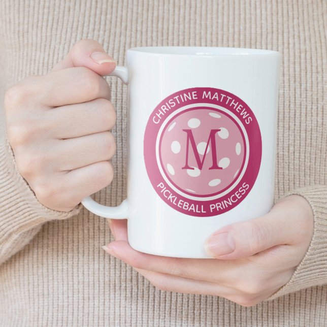 Pickleball Princess Custom Quote Name Initial Pink Giant Coffee Mug (Pickleball Princess Custom Quote Name Initial Pink Giant Coffee Mug)