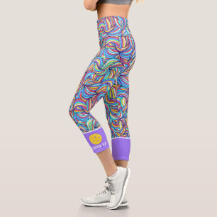Pickleball Print, Colorful Abstract, Custom Text Capri Leggings