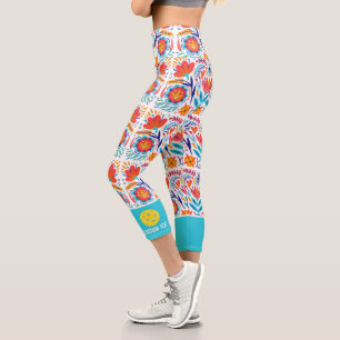 Pickleball Print Fun Colorful Flowers Custom Text Capri Leggings