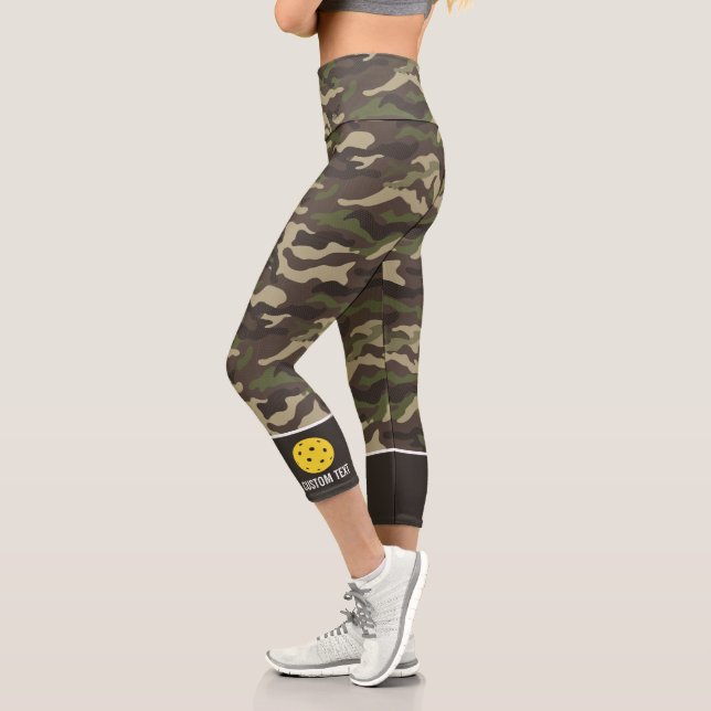Pickleball Print Green Camo Pattern Custom Text Capri Leggings (Left)