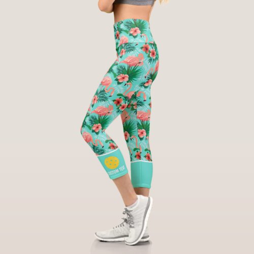 Pickleball Print Pink Flamingo Palm Custom Text Capri Leggings