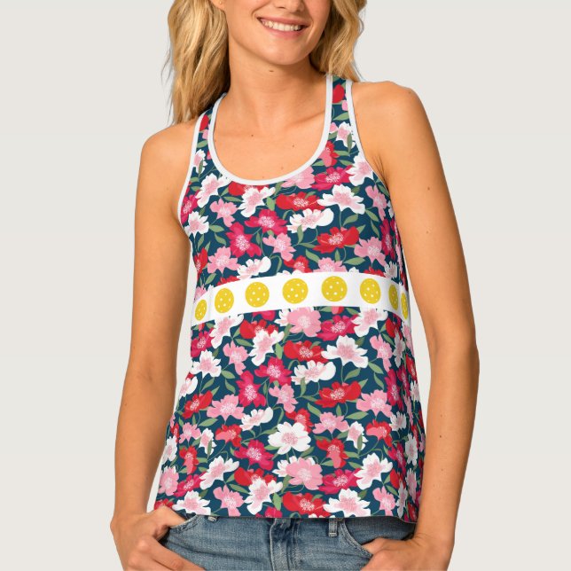Pickleball Print Pretty Pink Red White Floral Tank Top (Front)