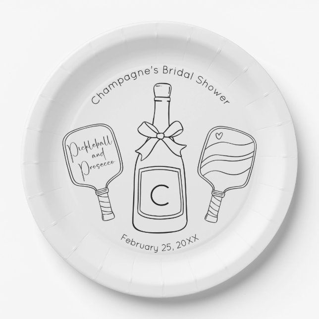 Pickleball & Prosecco Modern Bridal Shower Paper Plates (Front)