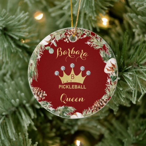 Pickleball Queen Glam Glitz Monogram Name  Ceramic Ornament