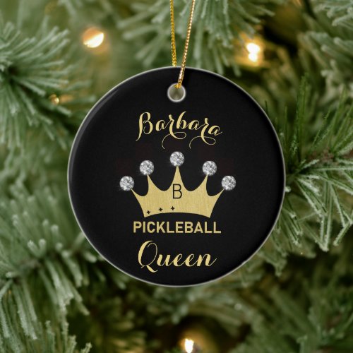 Pickleball Queen Glam Glitz Monogram Name Gold    Ceramic Ornament