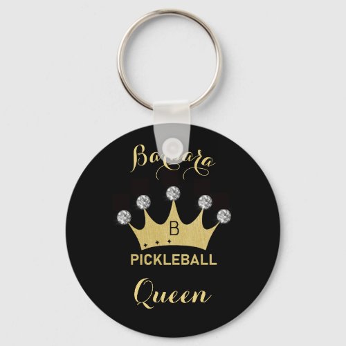 Pickleball Queen Glam Glitz Monogram Name Gold    Keychain