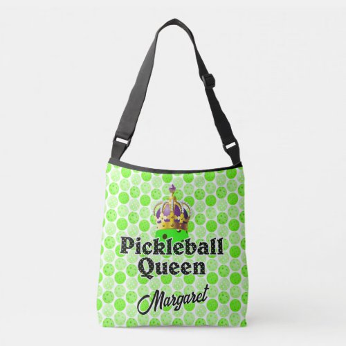 Pickleball Queen _ Green Pickleball Wearing Crown Crossbody Bag