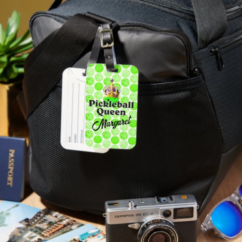 Pickleball Queen _ Green Pickleball Wearing Crown Luggage Tag