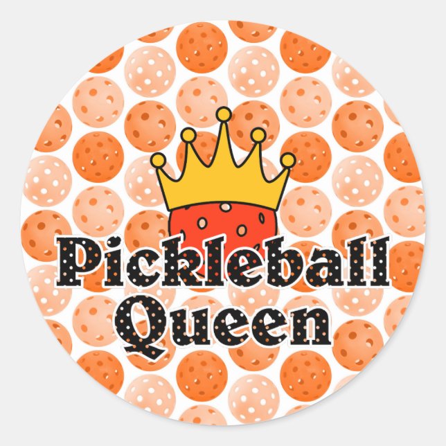 Pickleball Queen - Orange Ball Wearing Gold Crown Classic Round Sticker (Front)