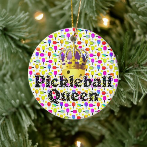 Pickleball Queen Yellow Ball in Crown Colorful  Ceramic Ornament