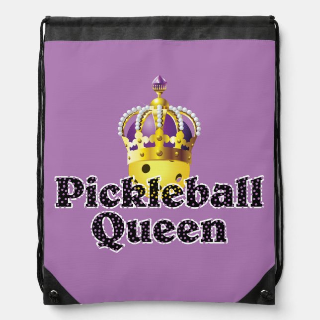 Pickleball Queen, Yellow Ball Purple, Gold Crown Drawstring Bag (Front)