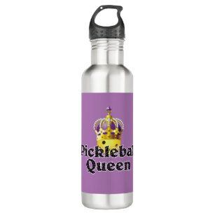 Pickleball Queen, Yellow Ball Purple, Gold Crown Stainless Steel Water Bottle