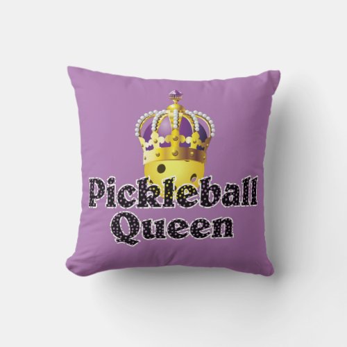 Pickleball Queen Yellow Ball Purple Gold Crown Throw Pillow