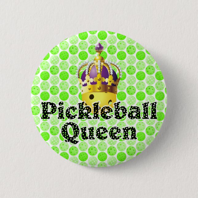 Pickleball Queen Yellow Ball Wearing Crown Purple  Button (Front)