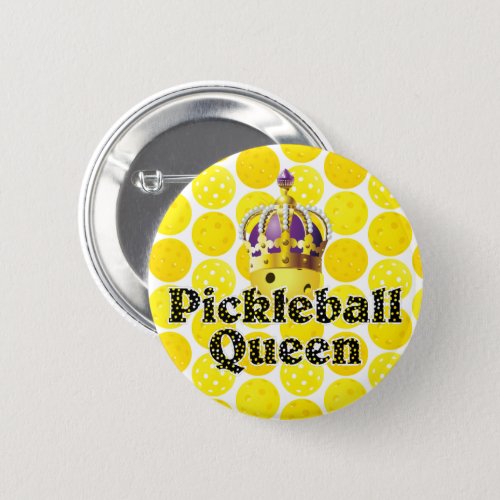Pickleball Queen Yellow Ball Wearing Crown Purple  Button