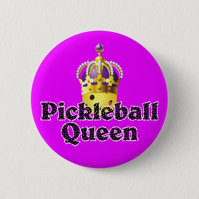 Pickleball Queen - Yellow Pickleball Wearing Crown Button (Front)