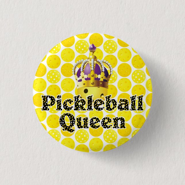 Pickleball Queen - Yellow Pickleball Wearing Crown Button (Front)