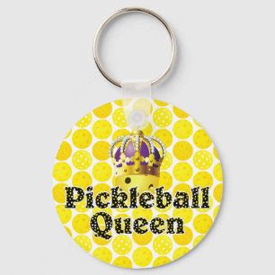 Pickleball Queen - Yellow Pickleball Wearing Crown Keychain
