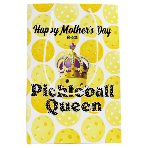 Pickleball Queen _ Yellow Pickleball Wearing Crown Medium Gift Bag