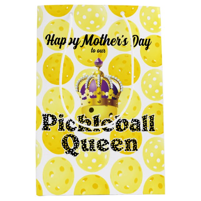 Pickleball Queen - Yellow Pickleball Wearing Crown Medium Gift Bag (Front)
