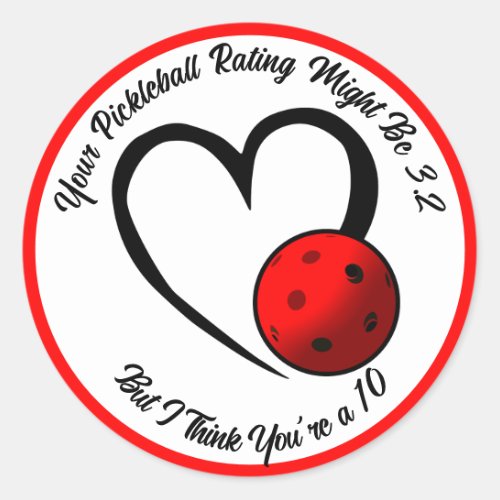 Pickleball Rating Valentine Heart Red and White Classic Round Sticker