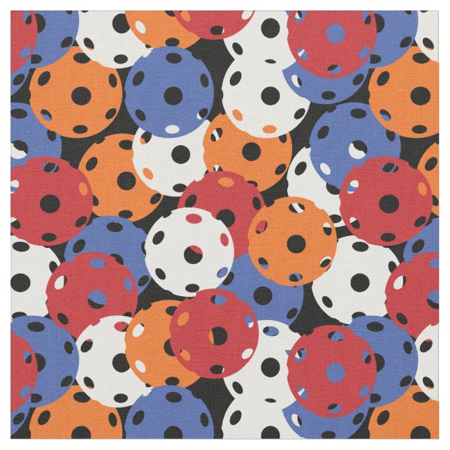 Pickleball - red, orange, white, blue on black fabric (Close Up)