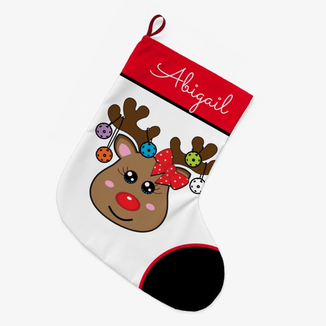 Pickleball  Reindeer girl  Large Christmas Stocking (Front (Hanging))
