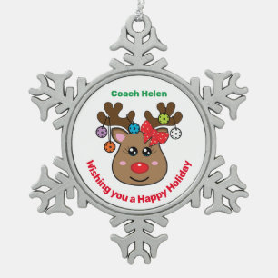 Pickleball Reindeer 🎄  Snowflake Pewter Christmas Ornament