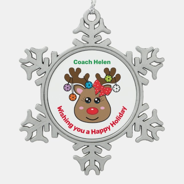 Pickleball Reindeer 🎄  Snowflake Pewter Christmas Ornament (Front)