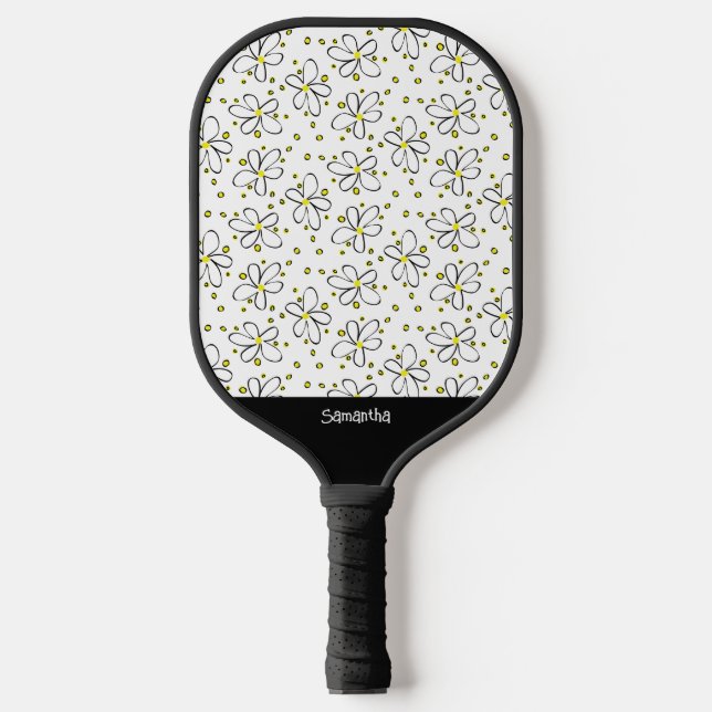 PIckleball Retro Daisy Flower Yellow Polka Dot  Paddle (Front)