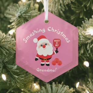 Pickleball🎅 Santa pink Glass Ornament