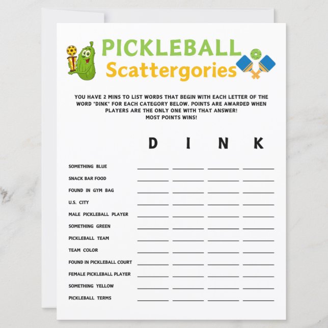 Pickleball Scattergories Game (Front)